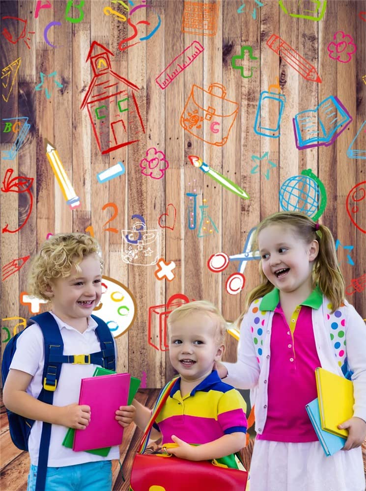 Leowefowa Back to School Backdrop 5x7ft Vinyl Photography Backdrops Hand Painted Pencils House Books on Vintage Retro Stripes Wood Floor Background Baby Kids Children Photo Studio Props - Image 3